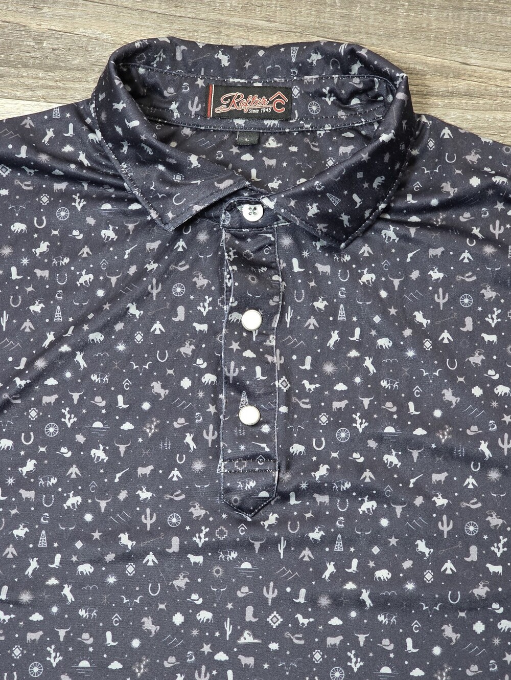 Rafter C Men's Micro Western Crowboy Themed AOP Pearl Snap Polo Sz Lg